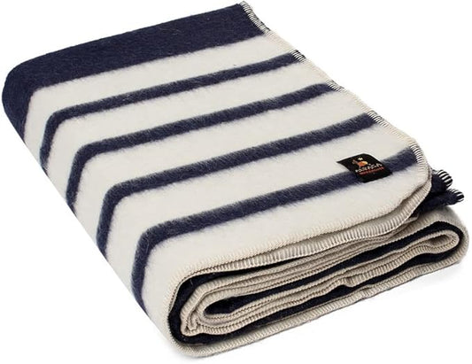 Thick Alpaca Wool Blanket Heavyweight for Camping Outdoors or Using Indoors | Soft Peruvian Alpaca Wool Blankets (Navy Blue/Ivory, Queen)