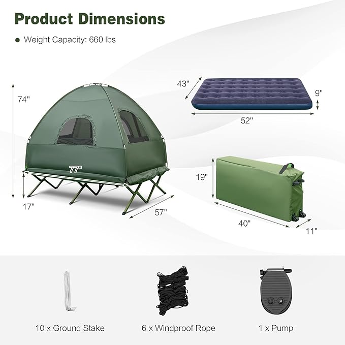 DORTALA 2-Person Tent Cot, Foldable Elevated Camping Tent w/Air Mattress & Sleeping Bag, Portable Dome Camping Tent Cot for Hiking, Camping & Picnic