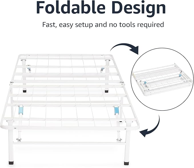 Amazon Basics Platform Bed Frame Full, Foldable Metal, Tool-Free Setup, 14 Inches High, White