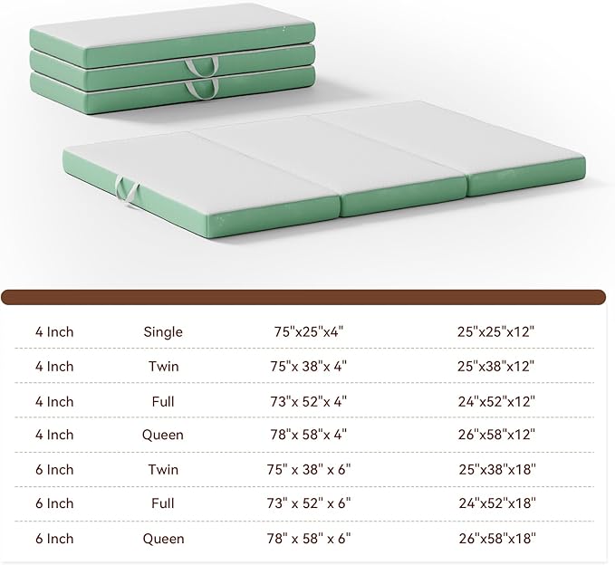 Memory Foam Trifold Mattress, Queen Portable Floor Bed 4 Inch, Foldable Mat with Washable Cover, Handle & Non-Slip Bottom, for RV, Travel, Camping, Yoga, 78"x58"x4", White Green