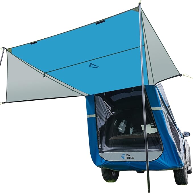 JOYTUTUS SUV Tailgate Tent with Three Sides Awning and Poles, Water Resistant SUV Camping Tent with Car Roof Cover, Car Camping Universal Fit Most SUVs, Cars, Grey Blue