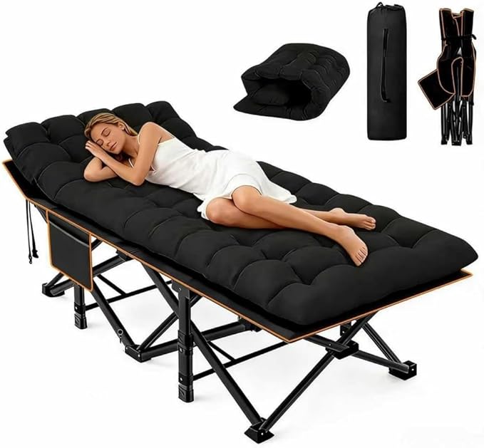 Comfortable and Soft Folding Bed, Portable Camping cot with Side Pockets and Mattress, Extra-Thick Oversized Folding Bed, Weight Capacity of 500/600/700 lbs (Black 600lbs)
