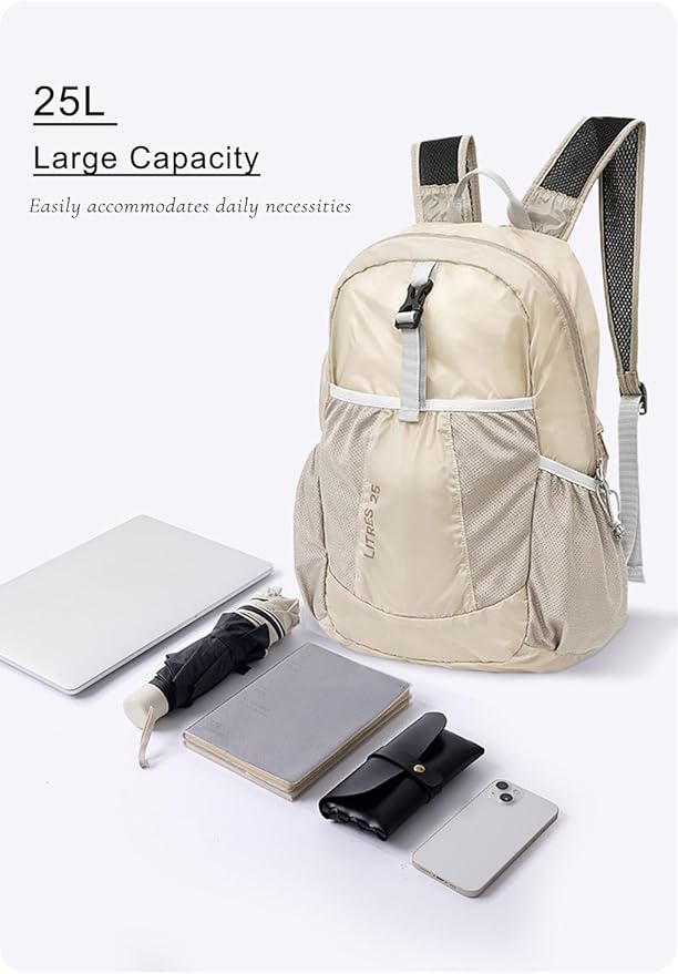 25L Lightweight Foldable Shoulder Backpack Splash Proof Outdoor Sports Daypack Travel Camping Hiking Bag For Men Women (Khaki)