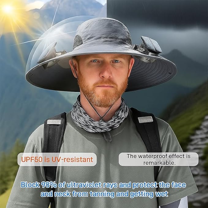 Solar Fan Hat,2025 Wide Brim Sun Cap with 2 Solar Sun Protection Fans,Waterproof UPF 50+ Bucket Fishing Hat with Fan Built in Black