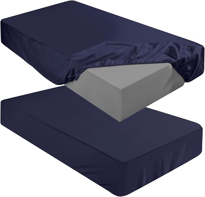 Breling Fitted Sheet (Sheet Only) Compatible with Milliard Trifold Mattress Folding Mattress Fitted Microfiber Bedclothes for Camp Bunk Rvs Bed(Navy Blue,2 Pcs,Twin,4'')