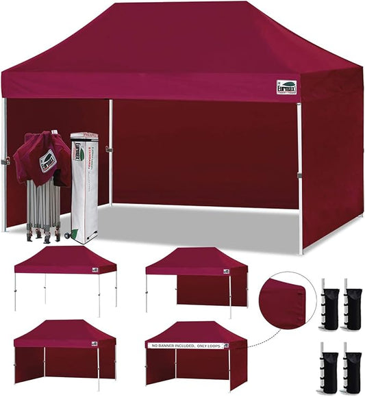 Eurmax USA 10'x15' Pop-up Canopy Tent Commercial Instant Canopies with 4 Removable Zipper End Side Walls and Roller Bag, Bonus 4 SandBags(Burgundy)