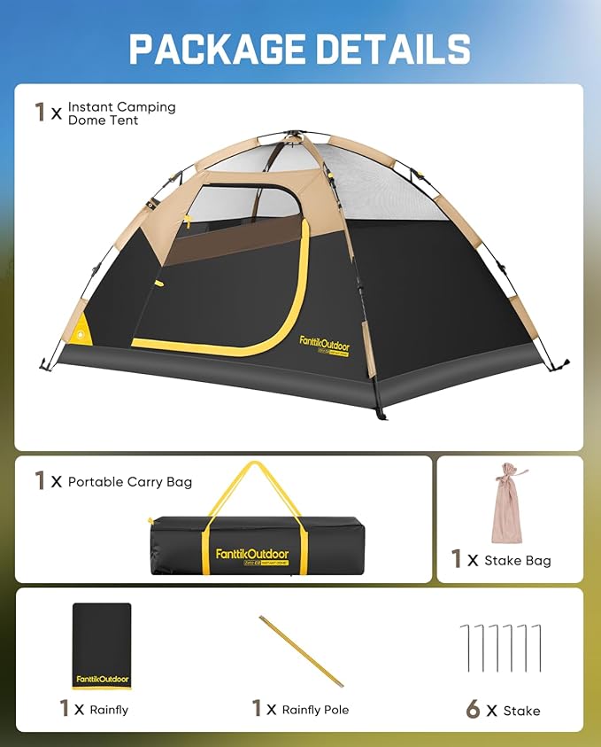 FanttikOutdoor Zeta C2/3/4 Camping Tent, 2/3/4 Person Instant Dome Tent, Easy Setup in 60s, Portable Waterproof Cabin Tent with Pre-Attached Poles & Air Vent, Ideal for Camping, Hiking, Backyard
