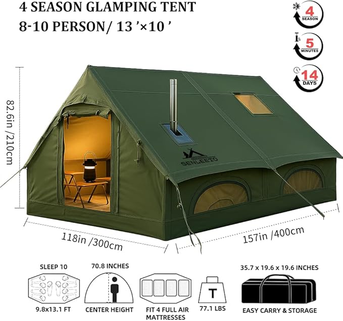 13' x 10' Large Inflatable Tent for Camping 8-10 Person, 4 Season Inflatable Hot Tent with Stove Jack, Easy Setup Blow Up Tents Hand Pump, Inflatable House for Outdoors