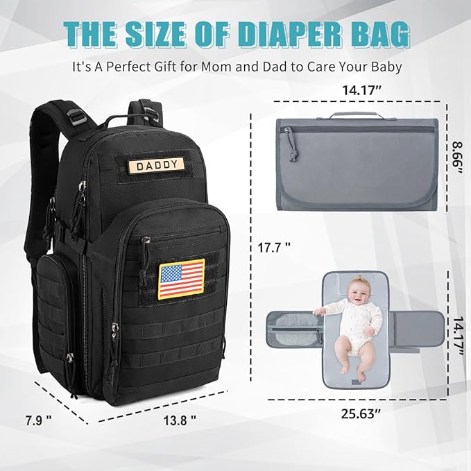 SHARKMOUTH Mens Military Diaper Bag - Military Baby Backpack with Insulated Bottle Pouches for Outdoor-Loving Dads - Changing Pad & MOLLE System for Camping, Hiking Travel