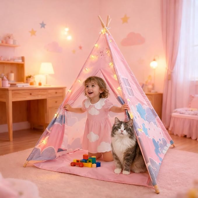 Pink Pony Teepee Tent for Bedroom,Cat Teepee Tent Reading Tent for 3–6 Year Old Toddle with Light & Mat, Cozy Hideout Girls'Bedroom Décor,Girl Sleepover Party, Cat House