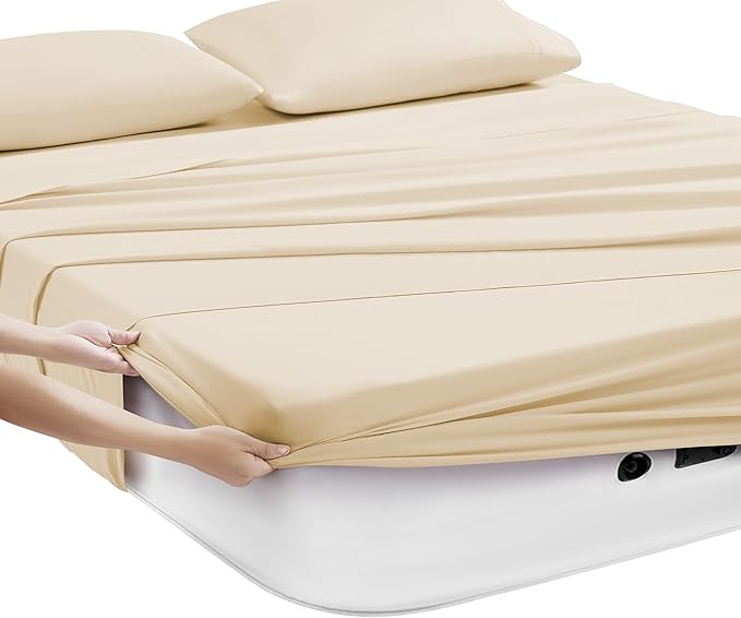 Camping Sheets King Size - Outdoor Air Mattress Sheet Set – Built-in Corner Straps for Air Mattress & Camping Use – Designed for Inflatable Beds & Tailgate Sleepovers, Beige