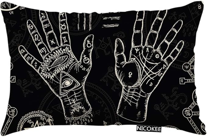 Throw Pillow Cover Hands Pentagram Mystic Symbols Black Life Lines Palms Decorative Pillow Case Home Decor 20x12 Inches Pillowcase