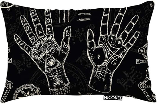 Throw Pillow Cover Hands Pentagram Mystic Symbols Black Life Lines Palms Decorative Pillow Case Home Decor 20x12 Inches Pillowcase