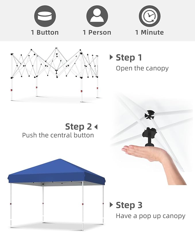 10x10 Pop Up Canopy Tent Outdoor Canopy with No Removable Sidewall One-Person Set Up Heavy Duty Commercial Instant Tent Shelter-Blue