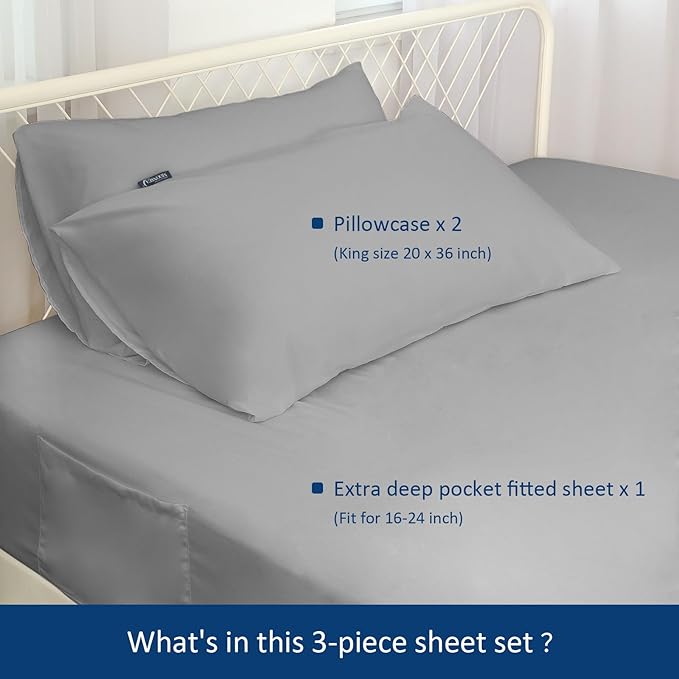 Deep Pocket King Sheet Set for Air Mattress - Extra Deep Pocket King Bed Sheet Set - 3Pcs Side Storage Pocket Fitted Sheet & Pillowcases Easily Fits 16in to 24in Pillow Top Air Bed Mattress(Grey)