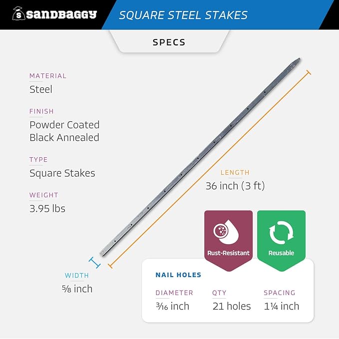 Sandbaggy 36" Square Steel Concrete Form Stakes with Nail Holes - 5/8" Wide - Rust Resistant Coating - Removable, Reusable - Construction Grade Stakes (30, 36 inch)