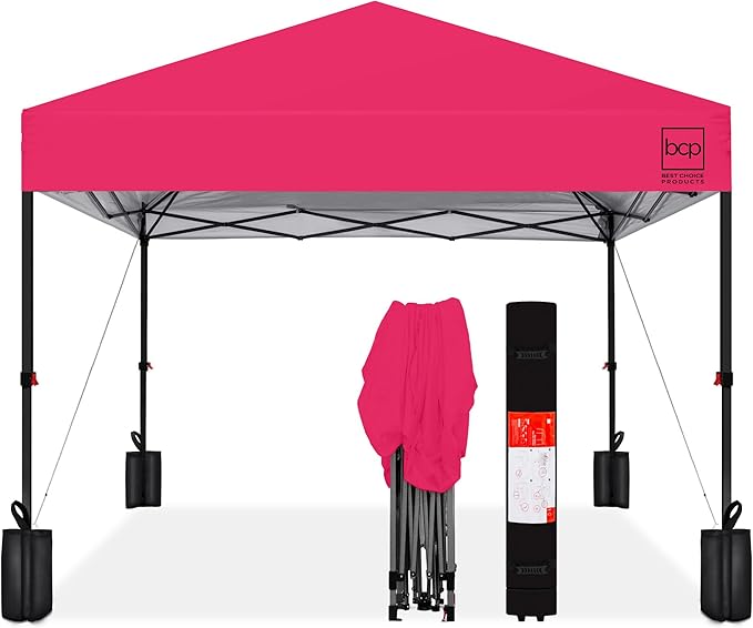 Best Choice Products 12x12ft Pop Up Canopy Tent, Outdoor Shade, 1 Person 1 Minute Set Up, Carry Case, 4 Weight Bags - Hot Pink