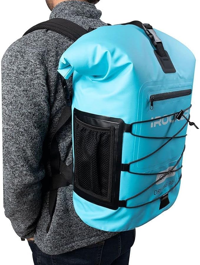 iROCKER Insulated Backpack Cooler & Dry Bag - 30L Leakproof, Collapsible, Fits 24 Cans, 18 Bottles | Adjustable, Padded Straps for Beach, Camping, Boating