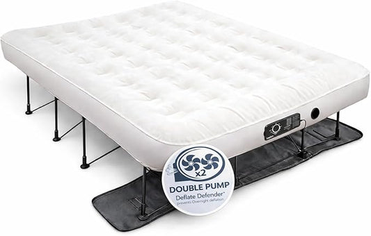 Ivation EZ®-Bed (Queen) Inflatable Air Mattress with Frame & Rolling Case, Built-in Deflate Defender™ Dual Pump Technology - 3 Min Self Inflate/Deflae Raised Blow up Bed on Legs, Premium Coil Design