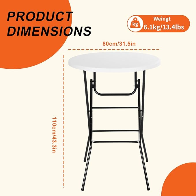 Nice C Plastic High Top Round Table, Portable Cocktail Bar Table with Detachable Legs, 31.5" Folding Tables, Waterproof Outdoor/Indoor Tables for Parties, Weddings, Camping, Backyard (White, 2 Pack)