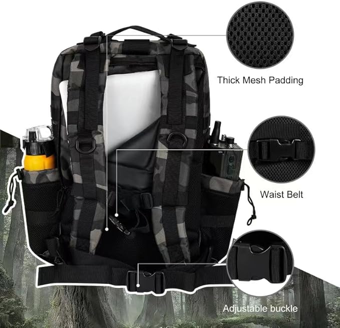 45L MOLLE Assault Pack, Tactical Backpack Military Army Camping Rucksack with Bottle Holder, 3-Day Pack Trip w/USA Flag Patch, D-Rings, Black Camo