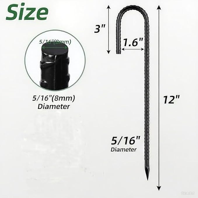 RM1009 12 inch J Shaped 10-Pack Fence Stakes Heavy Duty Rebar Ground Stakes Anchor Tent Metal Stakes for Outdoor Canopy Decorations Inflatables (J-Shape-Silvery, J-12 * 5/16"-4PACK)