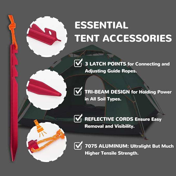 7075 Aluminum Tent Stakes 15 Pack - Ultralight Tri-Beam Tent Pegs with Reflective Rope - Essential Tent Accessories for Camping, Rain Tarps, Hiking, Backpacking