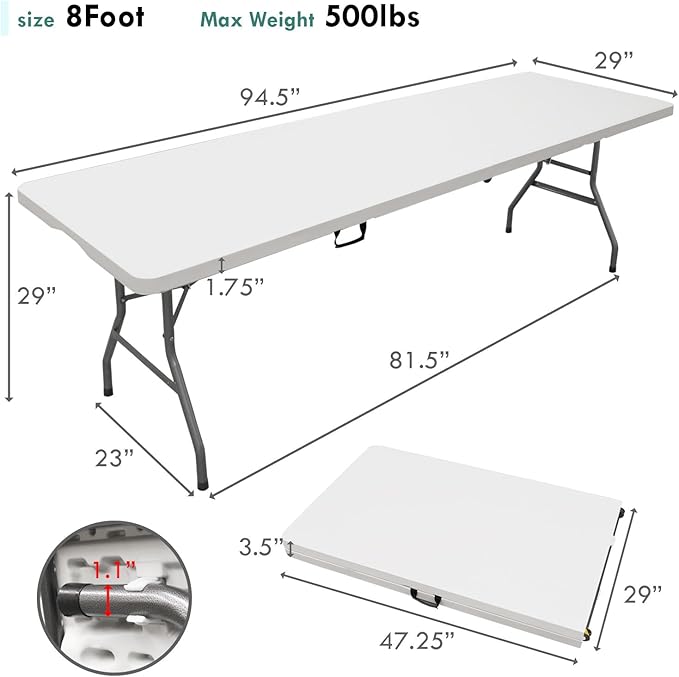 AJP Distributors 8 Foot Portable Plastic Folding Table 8FT 96" Half Foldable Heavy Duty Top w/Carry Handle - Indoor Outdoor Backyard Camping Picnic BBQ Party Wedding Dining Office Event Meeting White