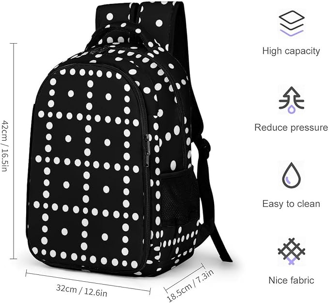 Carry On Travel Backpack White Black Polka Dots, Large Sturdy Anti Theft Laptop Bag with Multi Compartments for Business Weekender Hiking