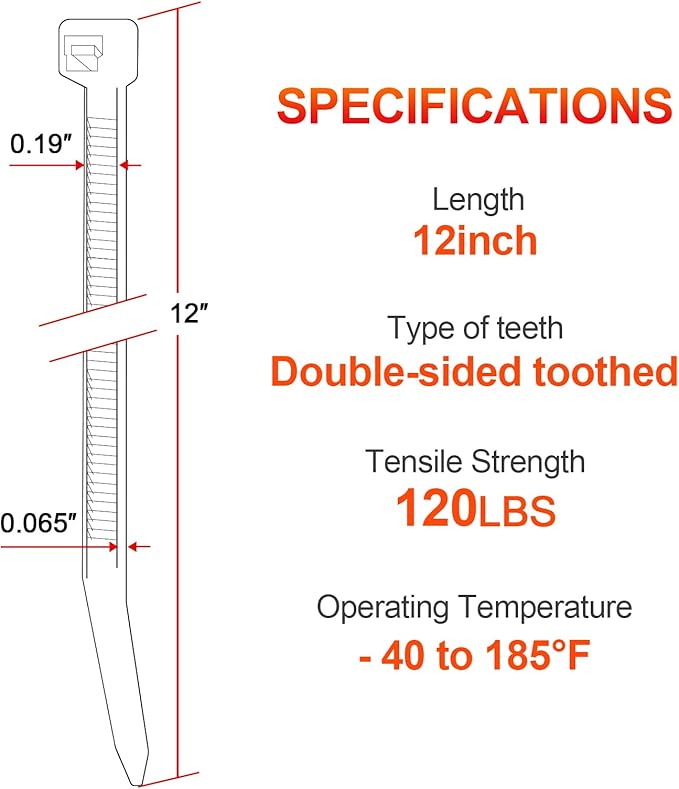 12 Inch White Zip Ties Double Sided Toothed,120 LBS Tensile Strength Heavy Duty Cable Wire Ties With Self-Locking Adjustable More Durable Nylon Tie Wraps for Indoor Outdoor（100 Pack）