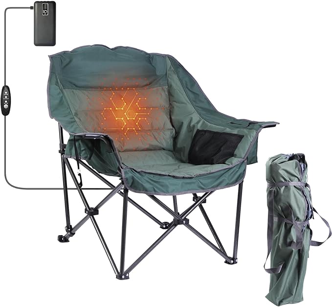 Heated Camping Chair, XL Padded Chair with Cooler, Cupholder & Carry Bag, Heavy Duty for Outdoor Activities (1 Pack)