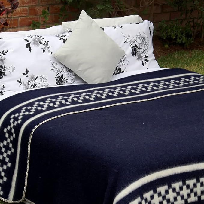 Thick Alpaca Wool Blanket Heavyweight Camping Outdoors Indoors Soft Peru King Size New Ethnic Design (Navy Blue/Ivory, King Size)