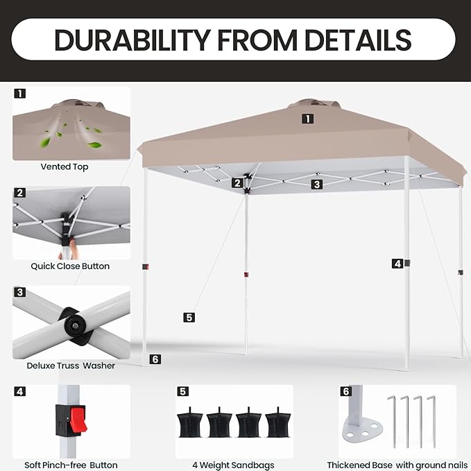 10x10 Pop Up Canopy, Heavy Duty Pop Up Tent with Wheeled Bag for Easy Moving, Easy Up Canopy Tent for Parties, Events, Camping, Outdoor Gazebo with 420D PU Coated Waterproof Brown Fabric