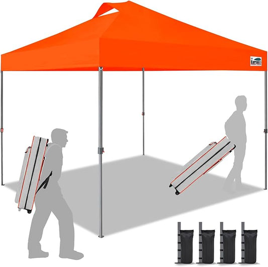 Eurmax USA NOMATTER ONE-Person Open&Close 10x10ft Pop Up Canopy Tent，Portable Shelter Canopy for Outdoor Events，Instant Canopies, Temporary Sunshade,Bonus 4 Sand Bags(Hi-Vis Orange)