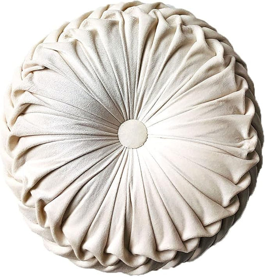 Round Throw Pillow Velvet Home Decoration Pleated Round Pillow Cushion for Couch Chair Bed Car Beige