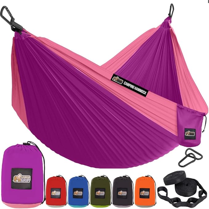 GORILLA GRIP Durable Portable Camping Hammock, Holds 400lbs with Heavy Duty Tree Straps, Comfortable Travel Swing, Camp Hammocks, Easy to Use and Install, Outdoor Essentials, Purple, 9x4.5 FT