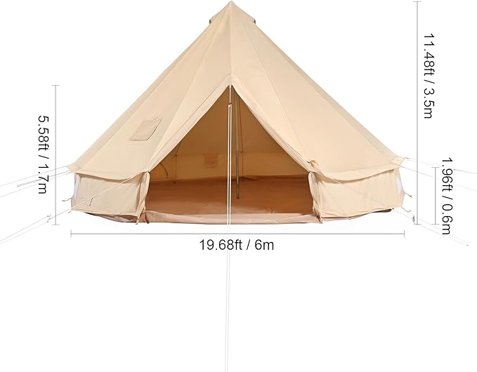 Happybuy Canvas Bell Tent, 6 m/19.68 ft Yurt for 4 Seasons, Camping Tent with Stove Jack, Breathable for Up to 10 People, Family Outdoor Adventures