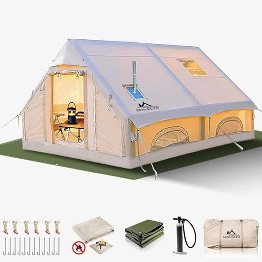 Inflatable Camping Tents 8-10 Person,129 Square Feets Large Inflatable Camping Tent with Stove Jack,Blow up Tent with Mesh Windows & Pump