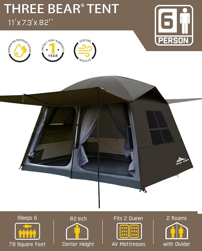 Three Bears 6-Person Tent, 3000mm Waterproof Double-Layer Tent with Room Dividers, Family Tent with Color-Coded Connection Buckles, Front and Rear Vestibules Can Be Set Up as Sunshade Canopies