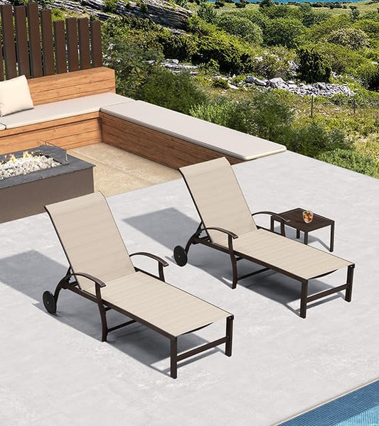 PURPLE LEAF Outdoor Chaise Lounge Chair Set of 3 Patio Pool Lounger Aluminum Chairs with Side Table and Wheels Adjustable Tanning Recliner for Outside Backyard Yard Deck Balcony Beach Light Khaki