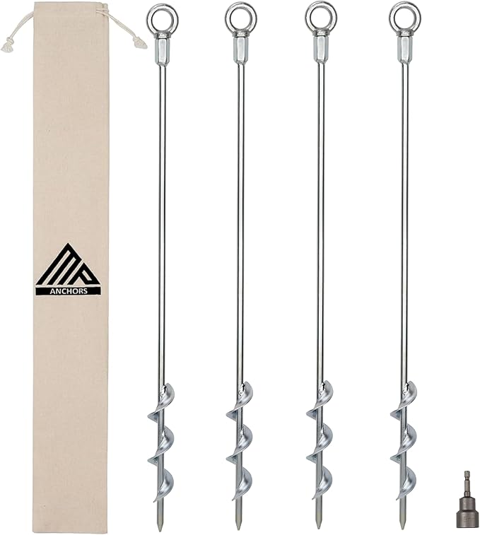 Earth Anchors - 24" Set of 4 Heavy Duty Ground Stakes with Drill Bit - Mobile Home, Shed & Swing Set Anchors - Tree & Awning Canopy Stakes