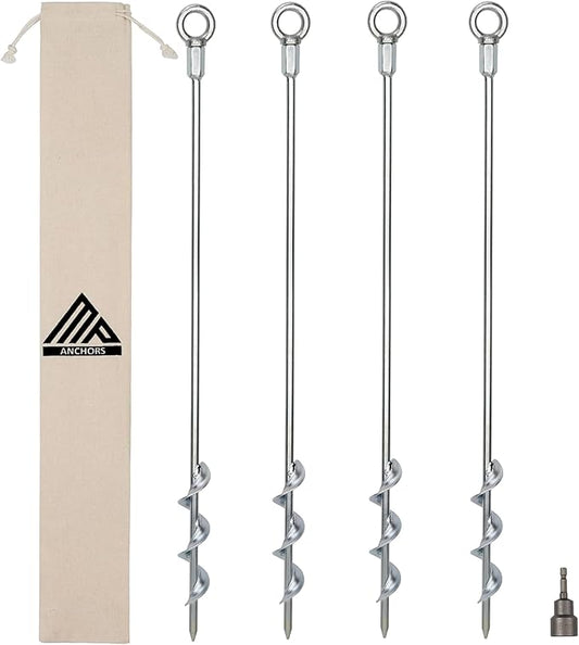 Earth Anchors - 24" Set of 4 Heavy Duty Ground Stakes with Drill Bit - Mobile Home, Shed & Swing Set Anchors - Tree & Awning Canopy Stakes