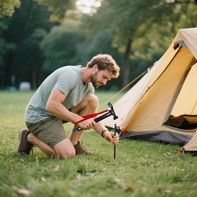 GOLDCAMP 8 Pack Heavy Duty Tent Stakes and Hammer with Canvas Storage Bag, 8in Duty Metal Tent pegs Ground Anchor for Camping、Outdoor、Hiking（Durable Combination）