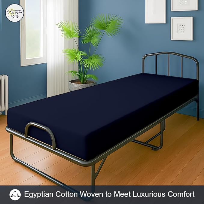 Cot Fitted Sheet 25 x 75, 100% Egyptian Cotton, 1 PC Cot Size Bottom Sheet Only, Perfect for Narrow Twin, Camp Bunk, Army Cots, Trifold Mattress, Camping Cot, Guest Bed Replacement(Navy Blue)
