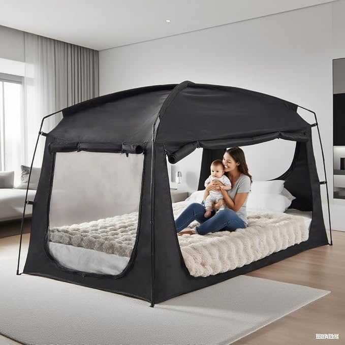 Privacy Sleep Indoor Bed Tent for Adults Kids, Portable Blackout 90% Canopy Tents with 3 Doors Breathable Mesh Windows