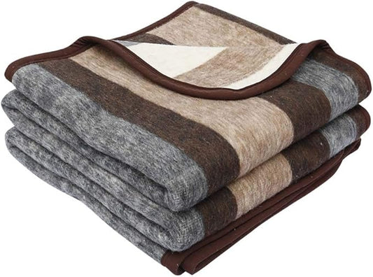 Alpaca Warehouse 100% Natural Alpaca and Sheep Wool Blanket King Size Thick Heavyweight Comfortably Warm - Great for Outdoor Use - Striped Design 103" x 90" (Beige/Brown/Gray, King)