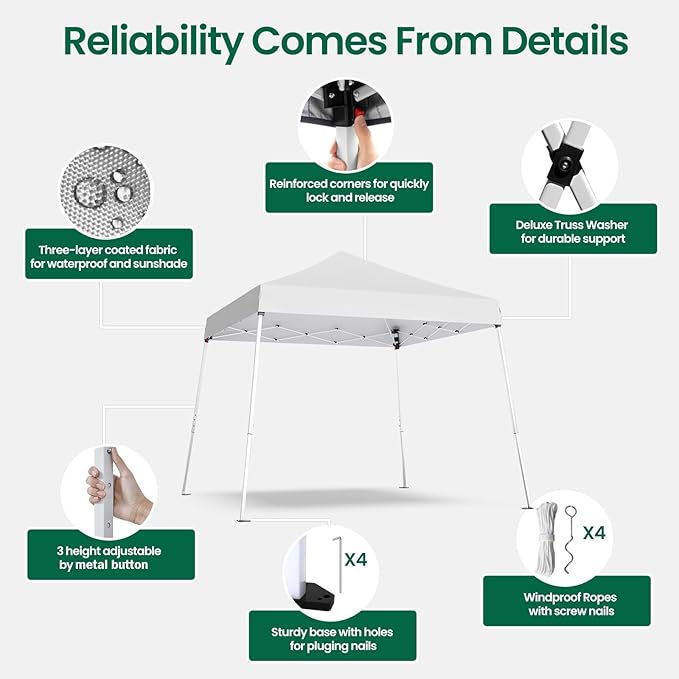 Pop-up Canopy Tent,Portable Outdoor Canopy for Parties Camping,Slant Legs Folding Tent,Sports Shelter,Beach Tent,Base 10x10 Top 8x8,3 Adjustable Height(White)