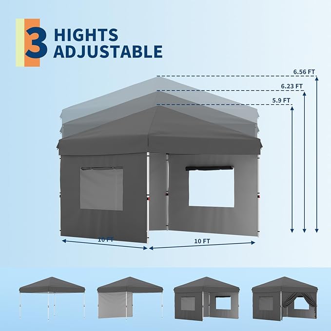 Pop Up Canopy Tent 10x10 FT Outdoor Canopy One-Person Set Up Heavy Duty Commercial Instant Tent, 3-Sidewall, Gray