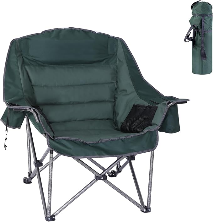 Camping Chair, Padded Camping Chair Cushioned Extra Wide, Lounge Patio Chair for Adults, Heavy-Duty 400Lbs with Cooler, Cup Holder, and Carry Bag (Green, 1-Pack)