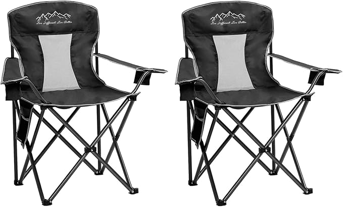 Outdoor Folding Camping Chair with Cup Holder, Storage Bag, Large Anti-Sink Feet, 325lbs Capacity, Breathable Mesh Portable Chair for Camping, Beach, Fishing, Sports, Black 2Pack